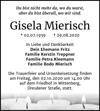 Traueranzeige von Gisela Mierisch von Super Sonntag Wittenberg