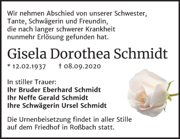 Traueranzeige von Gisela Dorothea Schmidt von Wochenspiegel Naumburg/Nebra