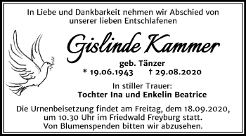 Traueranzeige von Gislinde Kammer von Mitteldeutsche Zeitung Merseburg/Querfurt