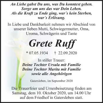 Traueranzeige von Grete Ruff von Mitteldeutsche Zeitung Aschersleben