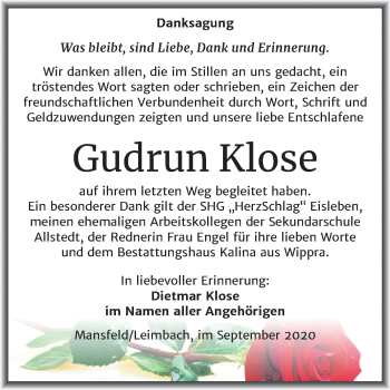 Traueranzeige von Gudrun Klose von Mitteldeutsche Zeitung Mansfelder Land