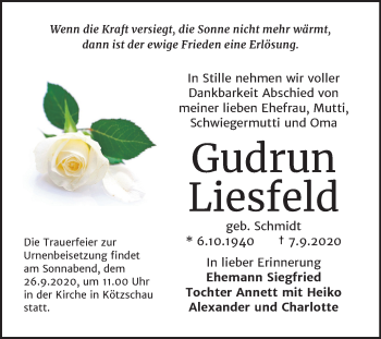 Traueranzeige von Gudrun Liesfeld von Mitteldeutsche Zeitung Merseburg/Querfurt