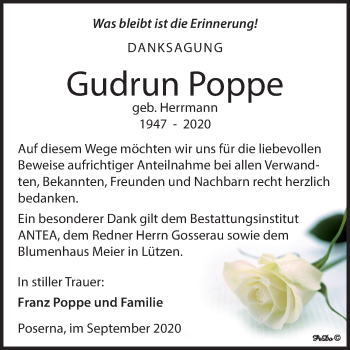 Traueranzeige von Gudrun Poppe von Mitteldeutsche Zeitung Weißenfels