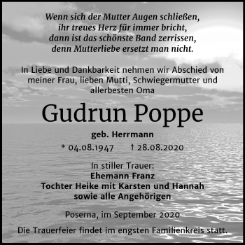 Traueranzeige von Gudrun Poppe von Mitteldeutsche Zeitung Weißenfels