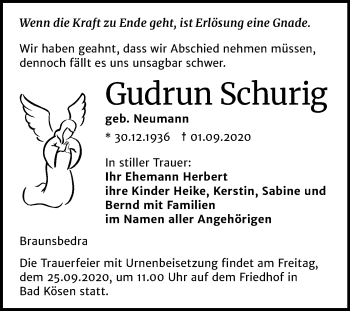 Traueranzeige von Gudrun Schurig von Mitteldeutsche Zeitung Merseburg/Querfurt