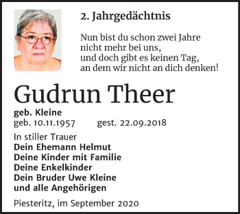 Traueranzeige von Gudrun Theer von Super Sonntag Wittenberg