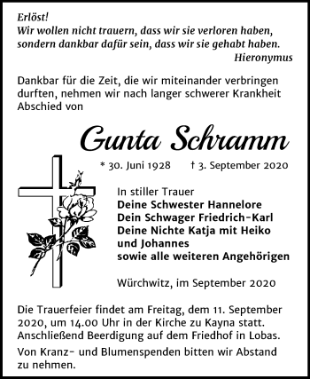 Traueranzeige von Gunta Schramm von Wochenspiegel Zeitz
