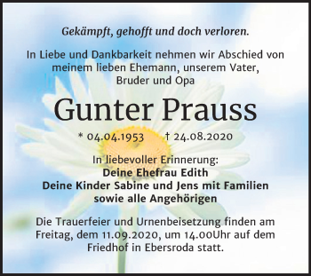 Traueranzeige von Gunter Prauss von Mitteldeutsche Zeitung Merseburg/Querfurt