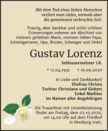 Traueranzeige von Gustav Lorenz von Mitteldeutsche Zeitung Bernburg