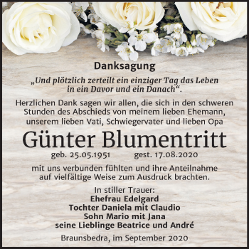 Traueranzeige von Günter Blumentritt von Mitteldeutsche Zeitung Merseburg/Querfurt