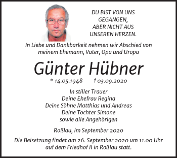 Traueranzeige von Günter Hübner von Super Sonntag Dessau-Roßlau