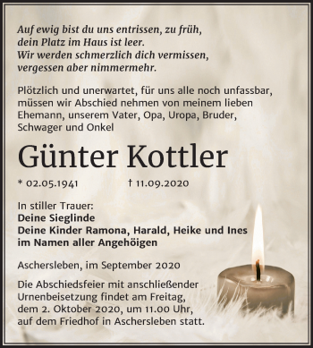 Traueranzeige von Günter Kottler von Mitteldeutsche Zeitung Aschersleben