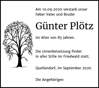 Traueranzeige von Günter Plötz von Mitteldeutsche Zeitung Köthen