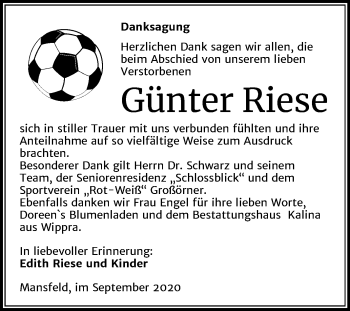 Traueranzeige von Günter Riese von Mitteldeutsche Zeitung Mansfelder Land