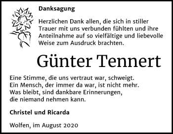 Traueranzeige von Günter Tennert von Wochenspiegel Bitterfeld