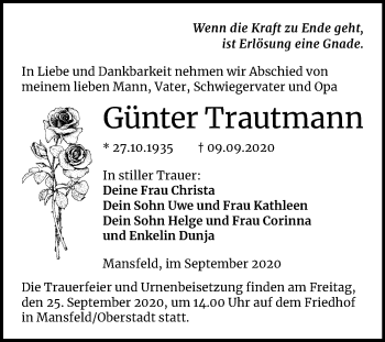 Traueranzeige von Günter Trautmann von Wochenspiegel Mansfelder Land