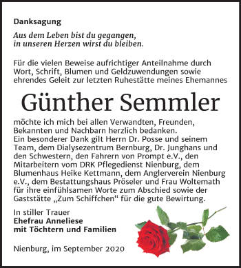 Traueranzeige von Günther Semmler von Mitteldeutsche Zeitung Bernburg
