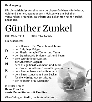 Traueranzeige von Günther Zunkel von Mitteldeutsche Zeitung Sangerhausen