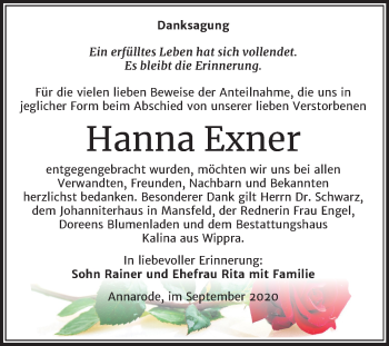 Traueranzeige von Hanna Exner von Super Sonntag Mansfelder Land