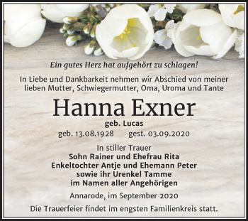 Traueranzeige von Hanna Exner von Super Sonntag Mansfelder Land