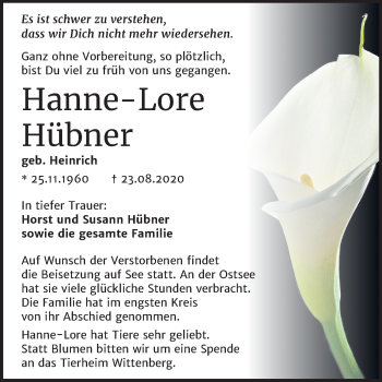 Traueranzeige von Hanne-Lore Hübner von Super Sonntag Wittenberg
