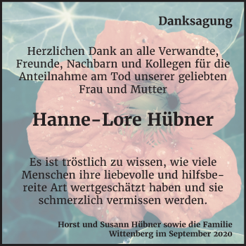 Traueranzeige von Hanne-Lore Hübner von Super Sonntag Wittenberg