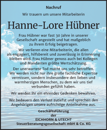 Traueranzeige von Hanne-Lore Hübner von Mitteldeutsche Zeitung Wittenberg