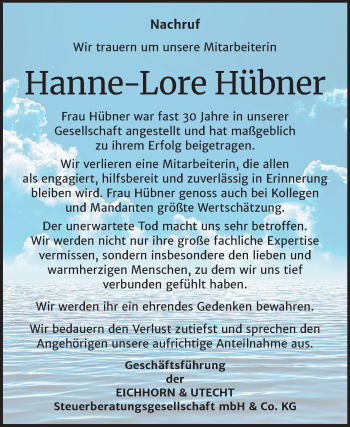 Traueranzeige von Hanne-Lore Hübner von Super Sonntag Wittenberg