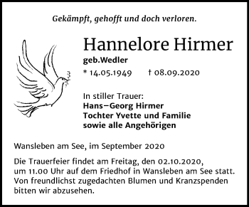 Traueranzeige von Hannelore Hirmer von Wochenspiegel Mansfelder Land