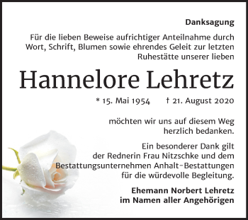 Traueranzeige von Hannelore Lehretz von Mitteldeutsche Zeitung Bitterfeld