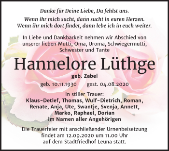 Traueranzeige von Hannelore Lüthge von Mitteldeutsche Zeitung Merseburg/Querfurt