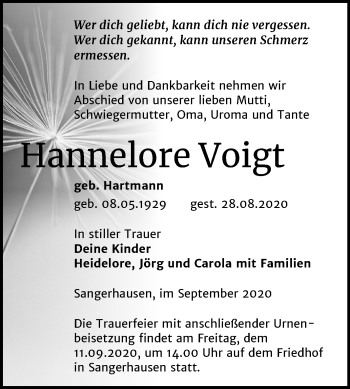 Traueranzeige von Hannelore Voigt von Mitteldeutsche Zeitung Sangerhausen