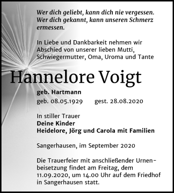 Traueranzeige von Hannelore Voigt von Super Sonntag Sangerhausen