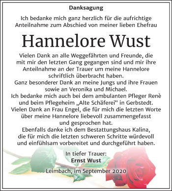 Traueranzeige von Hannelore Wust von Mitteldeutsche Zeitung Mansfelder Land