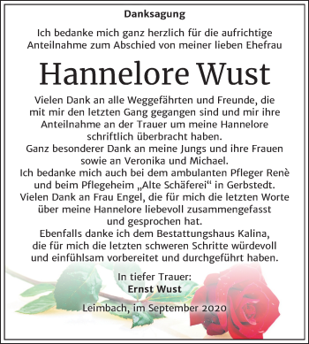 Traueranzeige von Hannelore Wust von Super Sonntag Mansfelder Land