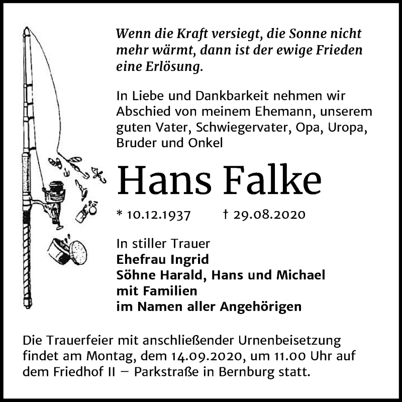  Traueranzeige für Hans Falke vom 05.09.2020 aus Mitteldeutsche Zeitung Bernburg
