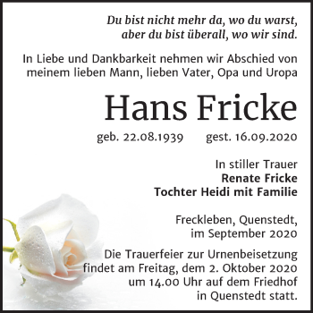 Traueranzeige von Hans Fricke von Mitteldeutsche Zeitung Aschersleben