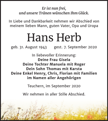 Traueranzeige von Hans Herb von Mitteldeutsche Zeitung Weißenfels