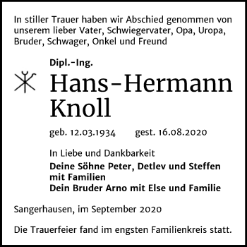 Traueranzeige von Hans-Hermann Knoll von Mitteldeutsche Zeitung Mansfelder Land / Sangerhausen