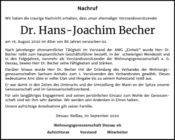 Traueranzeige von Hans-Joachim Becher von Super Sonntag Dessau-Roßlau
