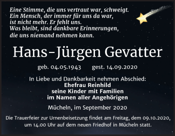 Traueranzeige von Hans-Jürgen Gevatter von Super Sonntag Merseburg/Querfurt