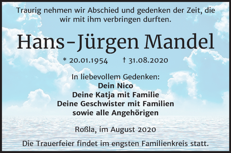  Traueranzeige für Hans-Jürgen Mandel vom 05.09.2020 aus Mitteldeutsche Zeitung Sangerhausen