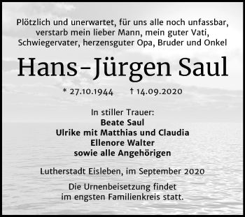 Traueranzeige von Hans-Jürgen Saul von Mitteldeutsche Zeitung Mansfelder Land
