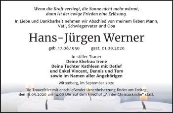 Traueranzeige von Hans-Jürgen Werner von Mitteldeutsche Zeitung Wittenberg
