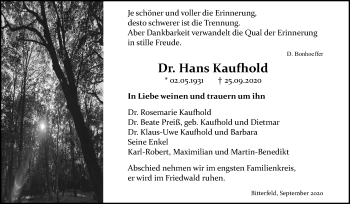 Traueranzeige von Hans Kaufhold von Mitteldeutsche Zeitung Bitterfeld
