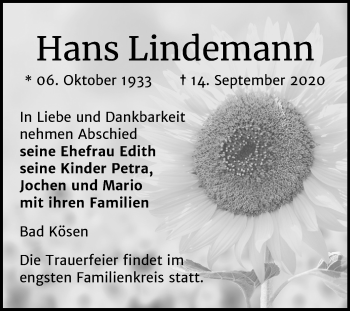 Traueranzeige von Hans Lindemann von Mitteldeutsche Zeitung Naumburg/Nebra