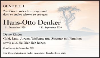 Traueranzeige von Hans-Otto Denker von Mitteldeutsche Zeitung Quedlinburg