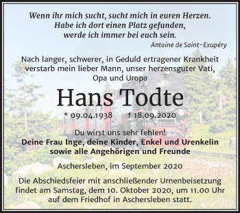 Traueranzeige von Hans Todte von Super Sonntag Aschersleben
