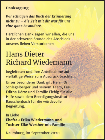 Traueranzeige von Hans Dieter Wiedemann von Mitteldeutsche Zeitung Naumburg/Nebra