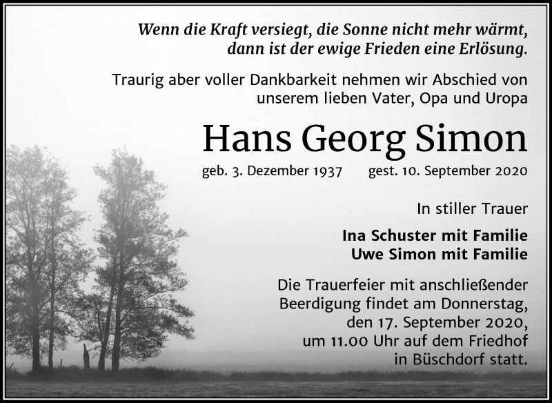  Traueranzeige für Hans Georg Simon vom 15.09.2020 aus Mitteldeutsche Zeitung Halle/Saalkreis